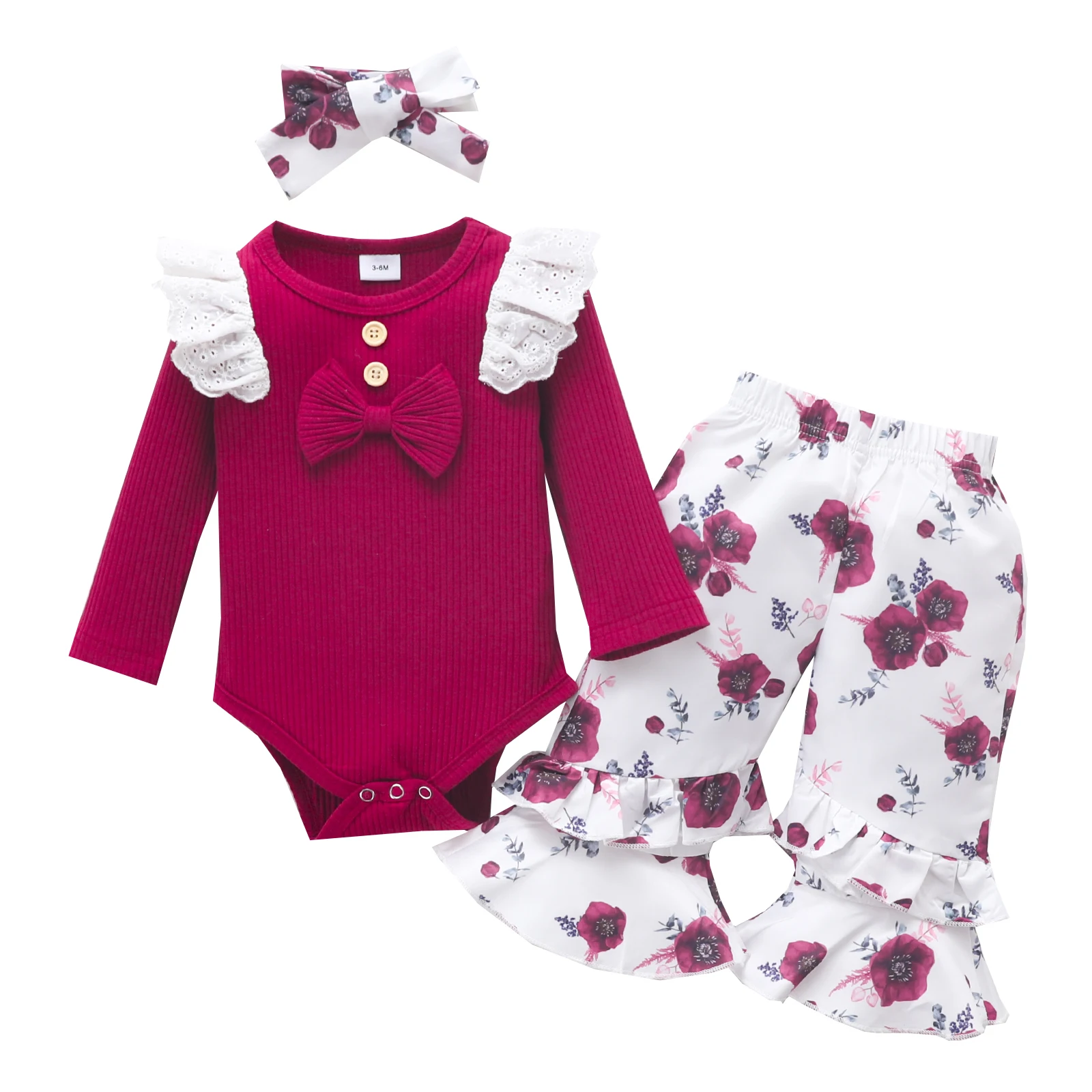 

2022-06-15 Lioraitiin 0-18M 3Pcs Baby Girl Fall Outfits Long Sleeve Ribbed Ruffle Romper Floral Pants + Headband Set