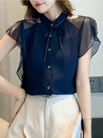 chiffon blouses women print short sleeve shirt lacing bow top summer 2022 fashion woman clothing blue stand collar blouses femme