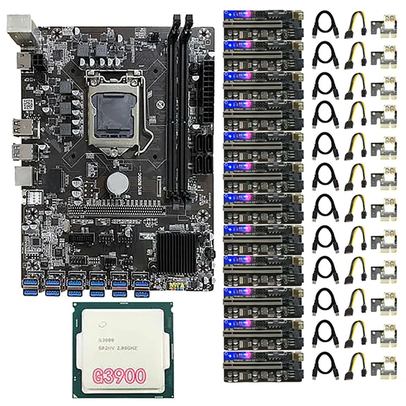 

B250C BTC Mining Motherboard with 12X010S Plus PCIE 1X 16X Riser Card+G3900 CPU LGA1151 DDR4 DIMM 12 USB3.0 to PCIE GPU