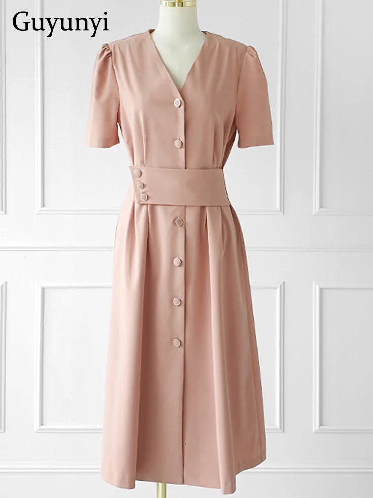 

Office Lady Dress 2022 Summer Temperament V-Neck Puff Sleeve High Waist Button Pleats Simple Single Breasted Elegant Party Dress