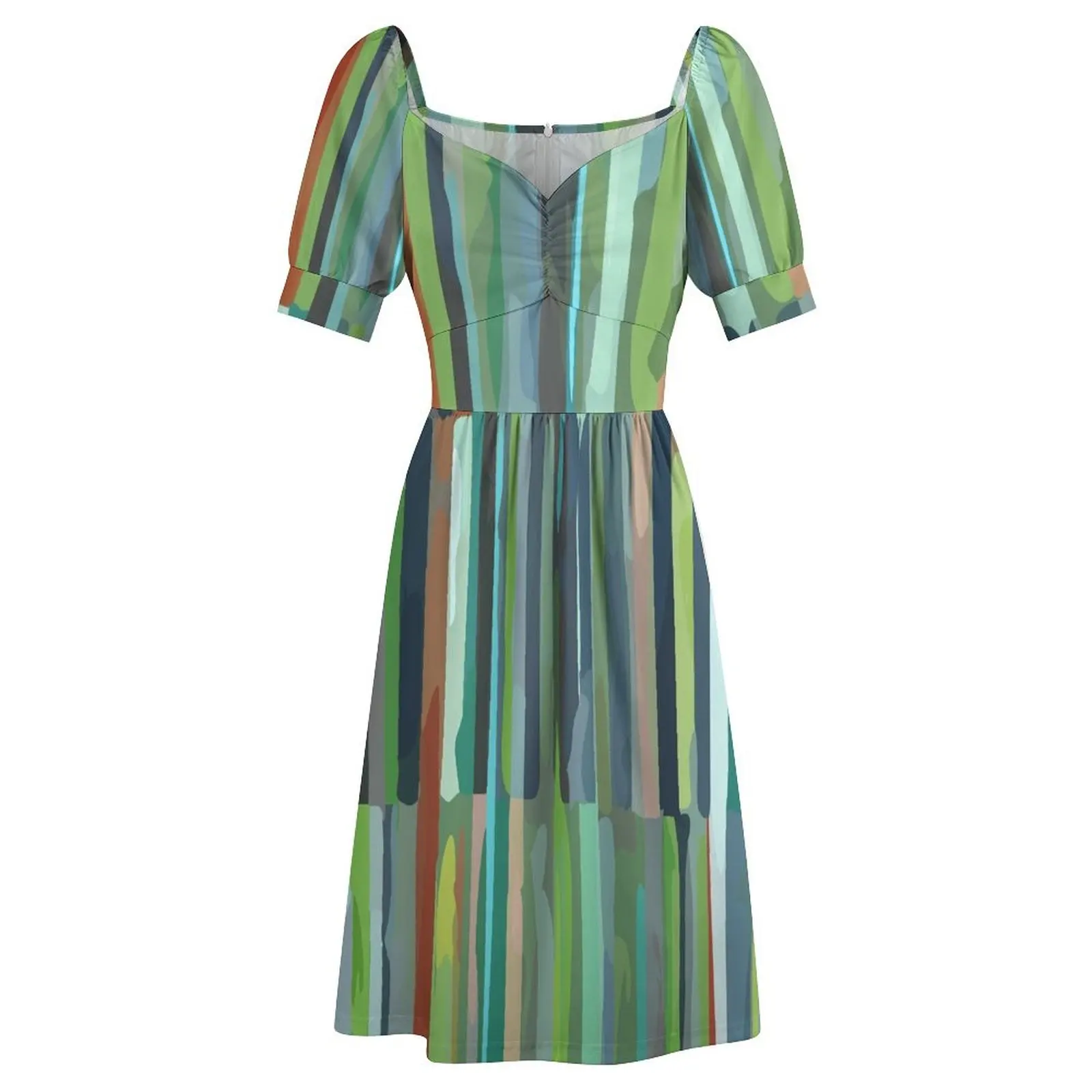 Зеленое этническое скандинавское платье с короткими рукавами и вертикальной