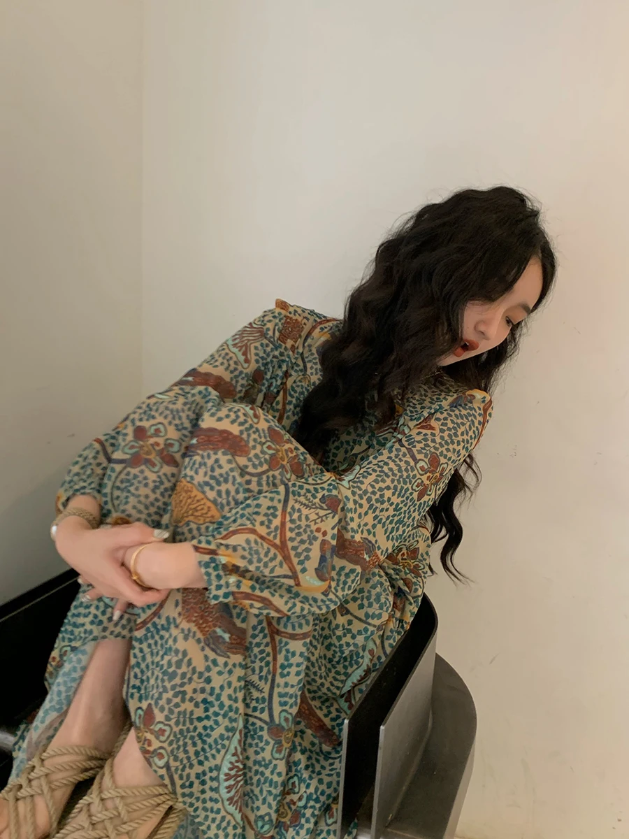 

Summer Elegant Woman Dress Temperament Floral Long Sleeve Robe Femme Loose Korean Vintage Maxi Dresses 2023 Vestidos De Mujer