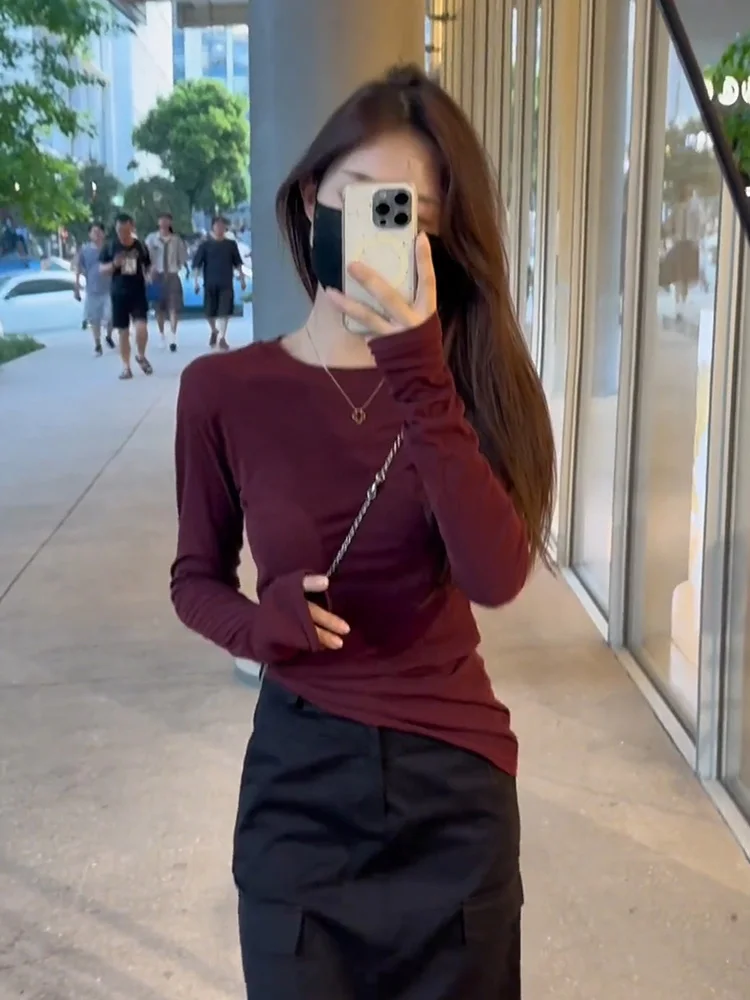 Корейская серия Wine Red Рубашка с длинными рукавами Женская весна и осень Slim fit Short