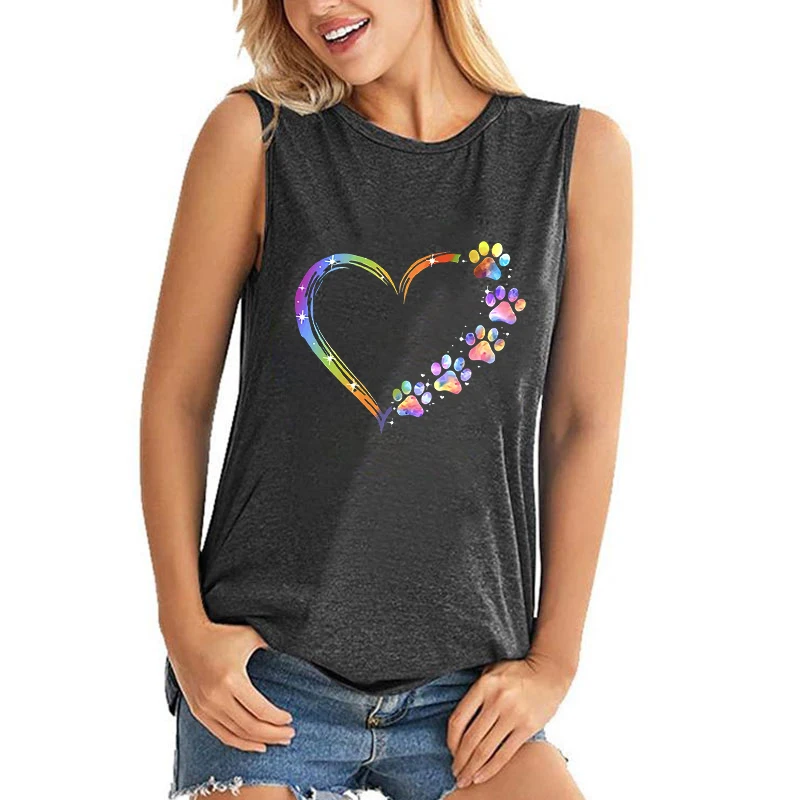 Женская модная летняя одежда повседневные топы с принтом собачьих лап и сердец