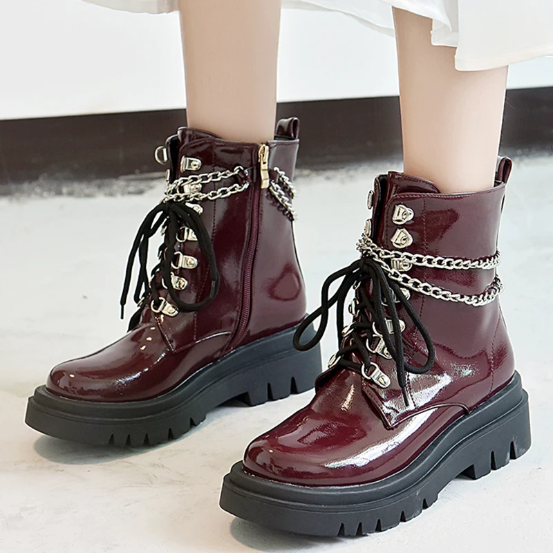 

Lucyever Metal Chain Patent Leather Ankle Boots Women Autumn Winter Short Plush Platform Boots Woman Motorcycle Punk Shoes Mujer