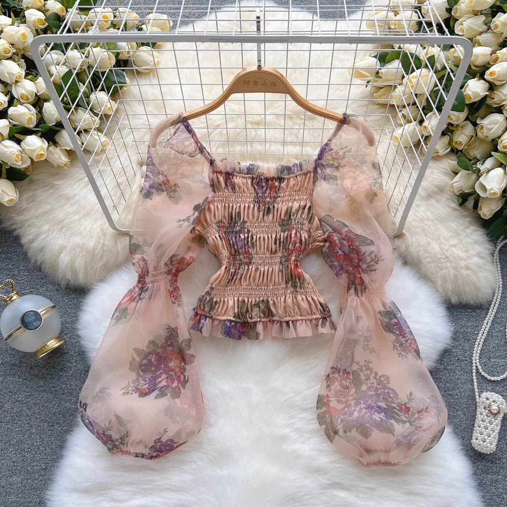 

2023 New Women French Style Flower Print Mesh Blouse Slim Pleated Short Tops ladies tops and blouses 2022 fashion Mesh top