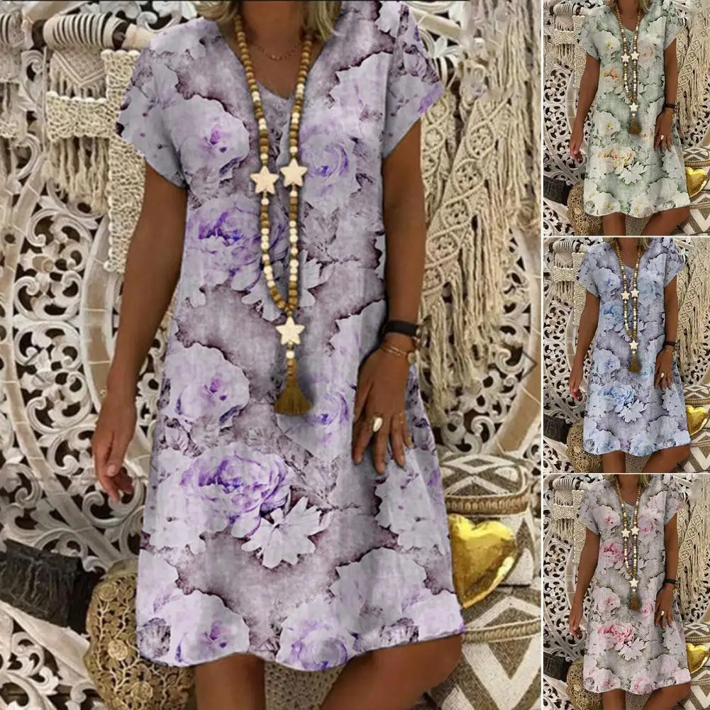 

Women Dress Floral V Neck Elegant Vintage Loose-fitting Dress for Beach
