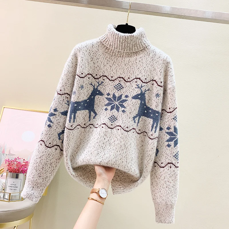 

Fall Winter Turtleneck Thick Women's Christmas Elk Sweater Loose Long Sleeve Tops Pullover Deer Knitwear Jumper Sweaters 0225