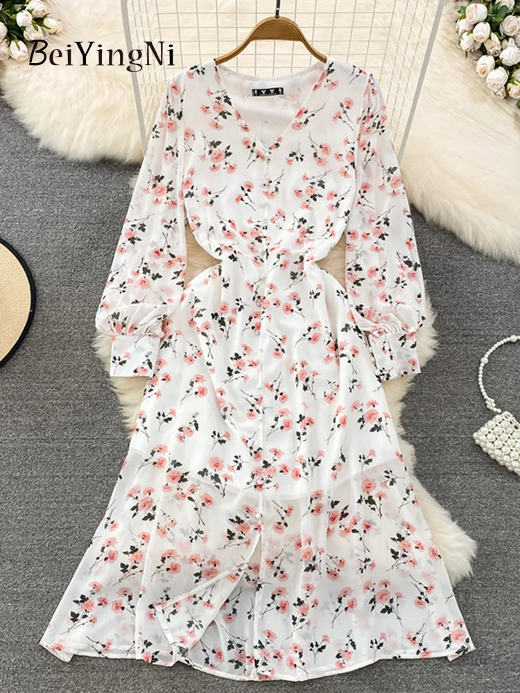 

Beiyingni Korean Style Chiffon Dresses for Women Floral Printed Casual Split V-neck Full Sleeve Midi Dress Elegant Vestidos Robe