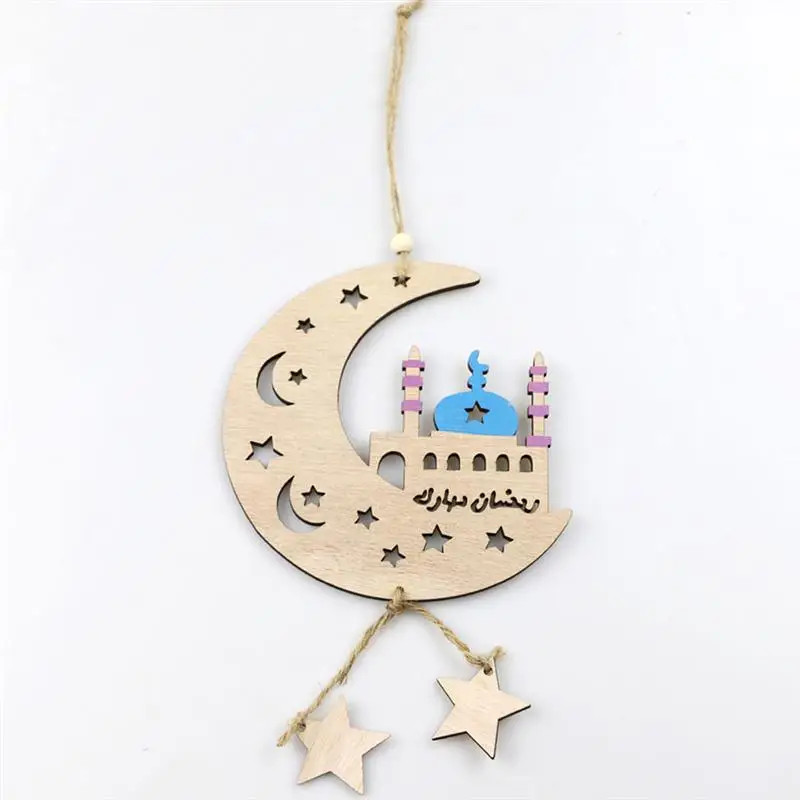 

Eid Mubarak Pendant Wooden Hollow Moon Shape Hanging Ornament Eid Layout Decor
