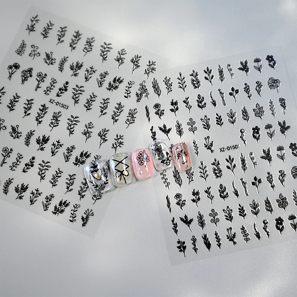 12 шт./компл. черно-белые чернила наклейки для ногтей с растениями и цветами роза
