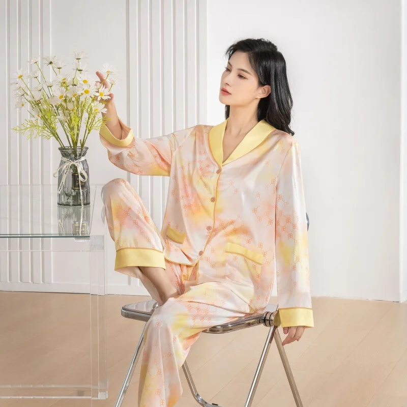 2023 Spring and Autumn New Pajamas Women's Ice Silk Long Sleeve Pants Set Home Clothes Set Green Fruit Collar