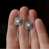 exquisite round white pearl earrings simple fashion silver color metal double layer square long dangle earrings for women