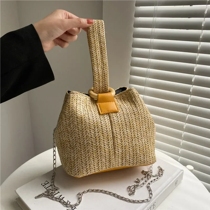 

Designer Bags for Women Boho Straw Bag Bucket Lady Handbags Wrist Bohemian Beach Bag Shoulder Crossbody Chain Bags Purses Clutch