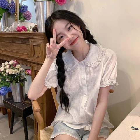 Kawaii White Shirts Women Japanese Lolita Lace Patchwork Blouses Summer Harajuku Preppy Puff Short Sleeve Peter Pan Collar Tops
