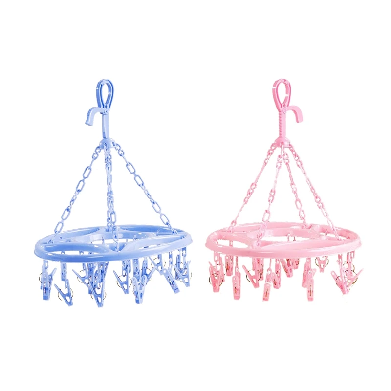 

2 Pcs Hanging Dryer 18 Clips Pin Laundry Clothes Hanger Underwear Socks Foldable New(Blue & Pink)