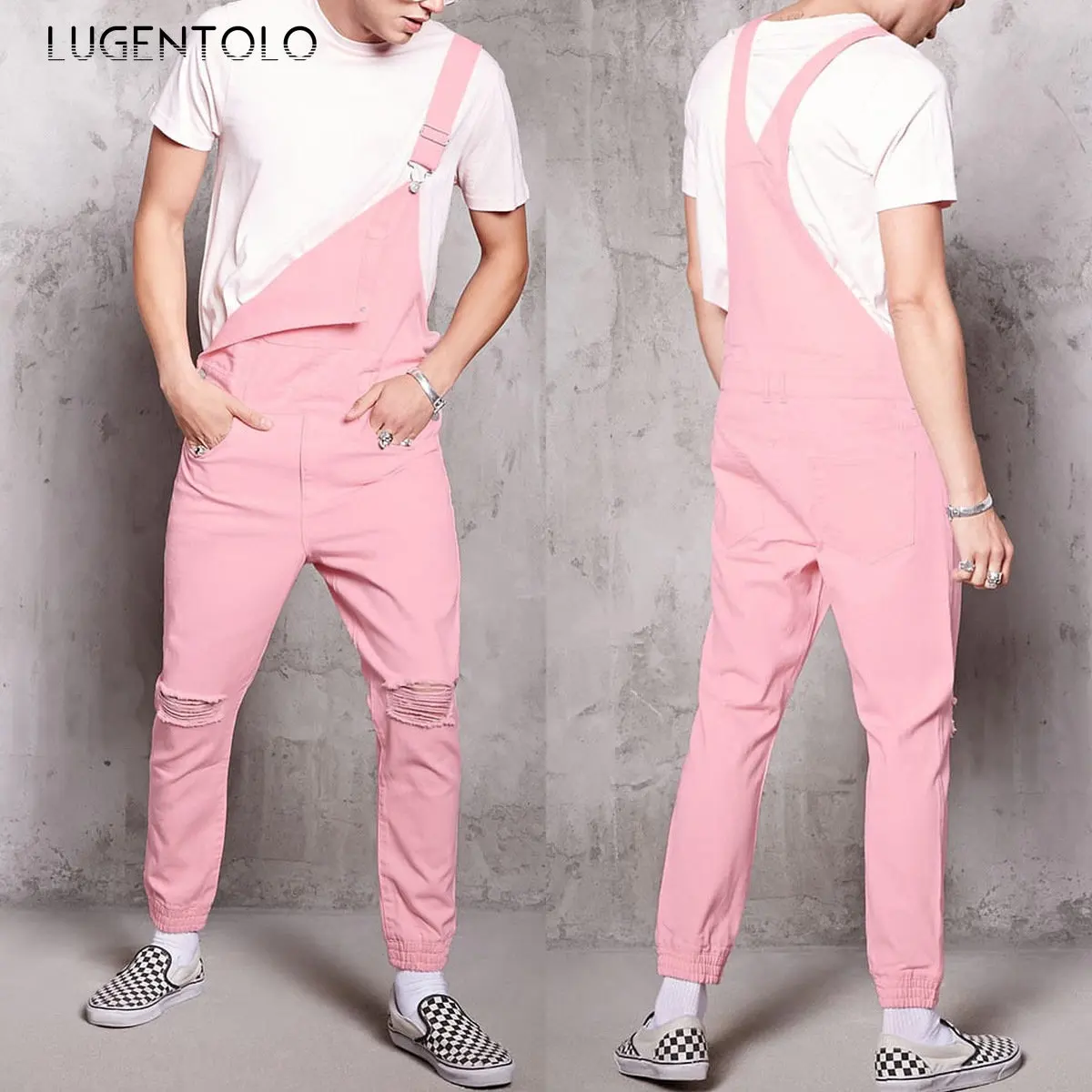 Overalls Pink Solid Hole Cargo Pants Washed Ripped Fashion Casual Mens Street Jeans