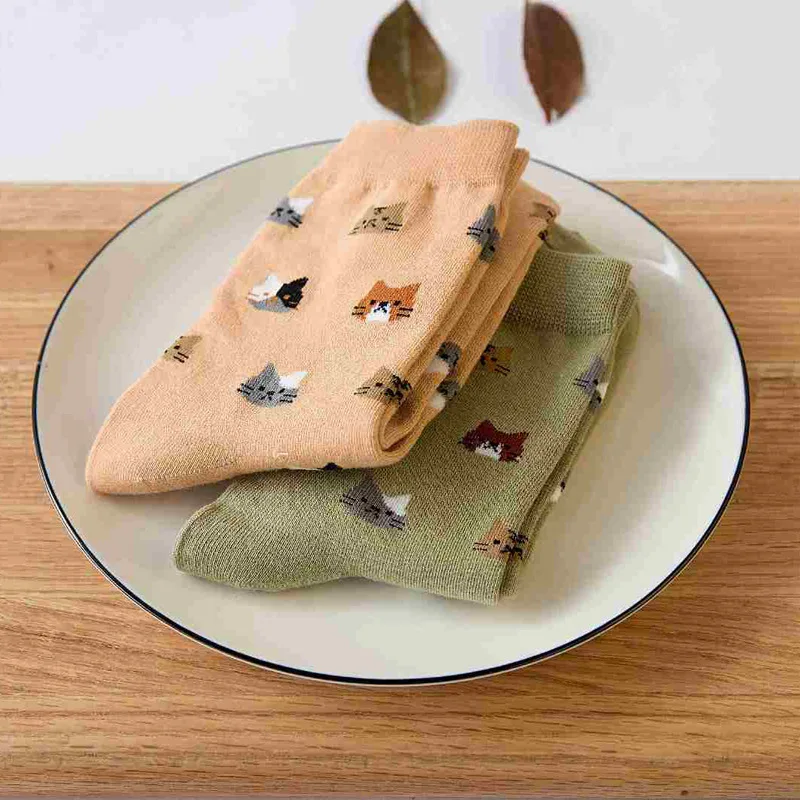 1Pair Cotton Mid Tube Socks Women' Breathable Cute Cat Printing Pattern Funny Sock Casual Autumn Winter Soft Warm MidCalf Length