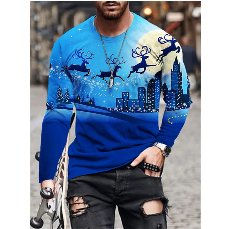 

3D Cartoon Deer Print T-Shirt Men Christmas Party Tops Long Sleeve O-Neck Casual Cotton Tshirt Oversized 6XL Male All-match Tops