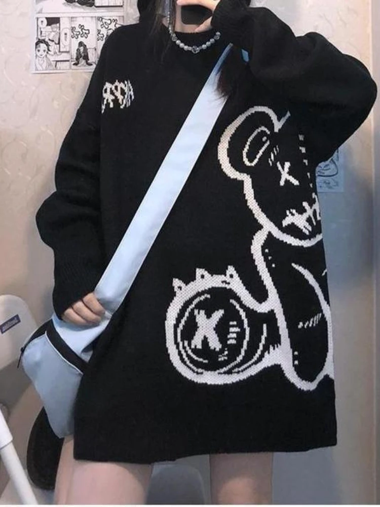 

Autumn Winter Pullovers Women Cartoon Bear Jacquard Lazy Style Casual Loose Sweaters Preppy Style O Neck Long Sleeve Knitted Top