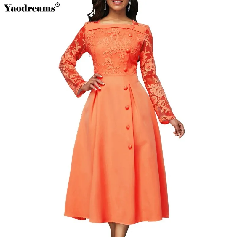 

Elegant Lace Full Sleeve Square Collar Dress Women 2022 Casual Plus Size Female Single-breasted Office Lady Long Party Dresses