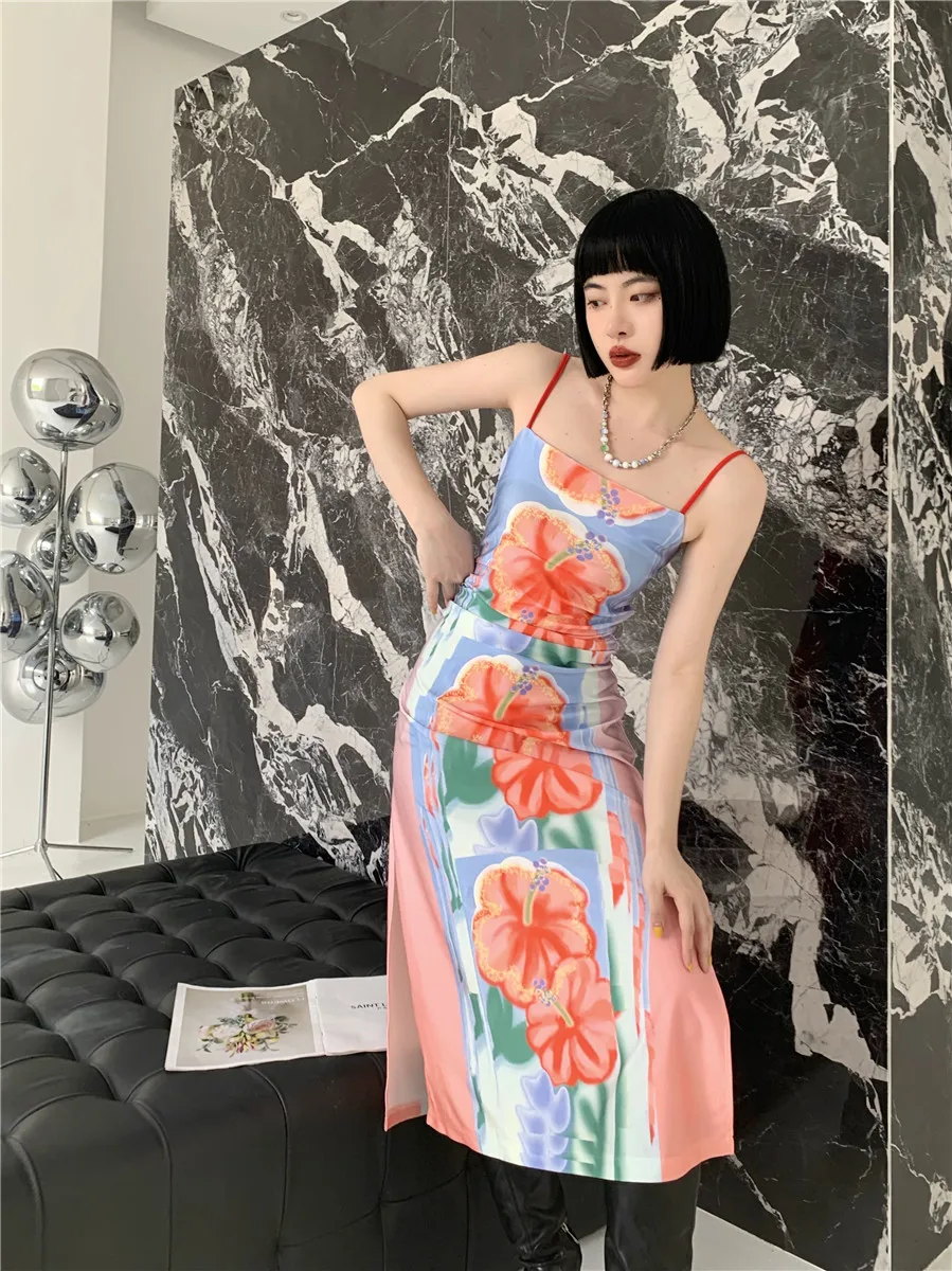 

ZCSMLL 2 Piece High Fashion Long Midi Slip Dress For Women Summer Floral Bodycon Backless Date Night Dress New Arrival 2022