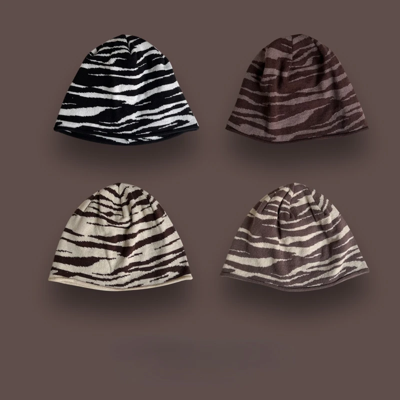 

Korean Ins Zebra Pattern Pullover Hat Female Autumn and Winter Street Hip-hop Knitted Has Outdoor Leisure Warm Skull Beanie Cap