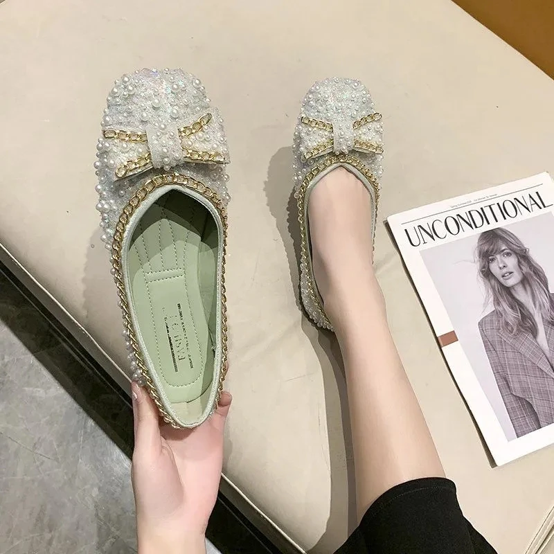 2022 new spring and autumn women's fashion pearl bow party women's shoes comfortable beaded round toe maternity flat shoes