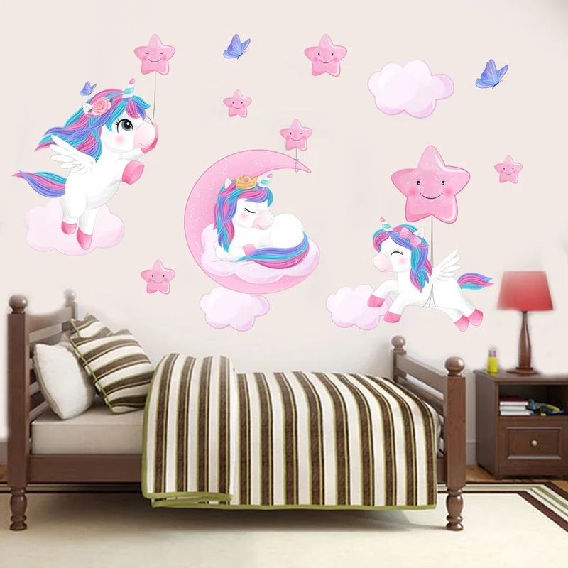 

New Cartoon Unicorn Moon Star Butterfly PVC Wall Stickers Living Room Bedroom Kids Room Decoration Painting Poster Home Decor