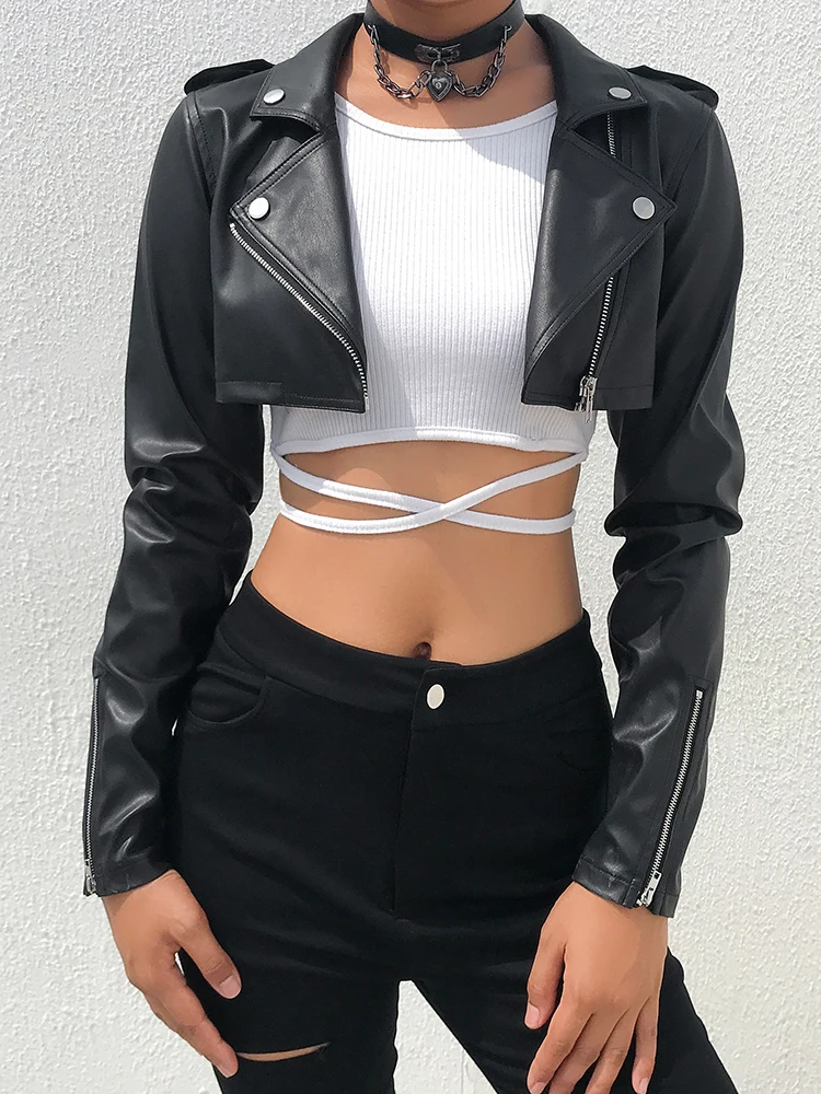 Iamhotty Black PU Leather Crop Jacket Street Wear Punk Style Womens Coats Long Sleeve Turn-Down Zipper Short Jacket 2019 Fashion