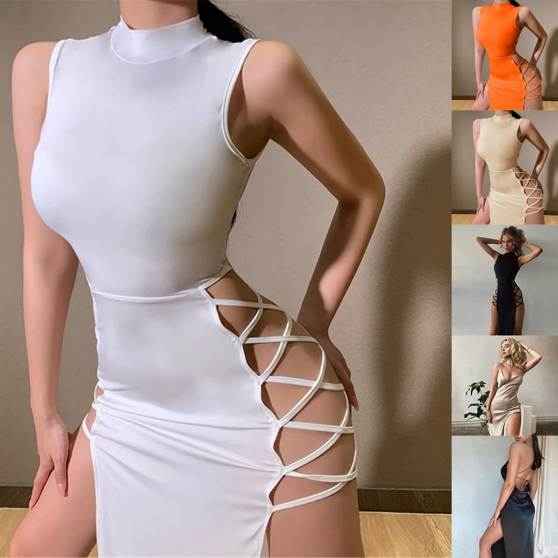 

573B Women Sexy Long Dress Side High Slit Bodycon Sleeveless Cutout Fashion Sling Dress for Summer Daily Night Club Party Bar