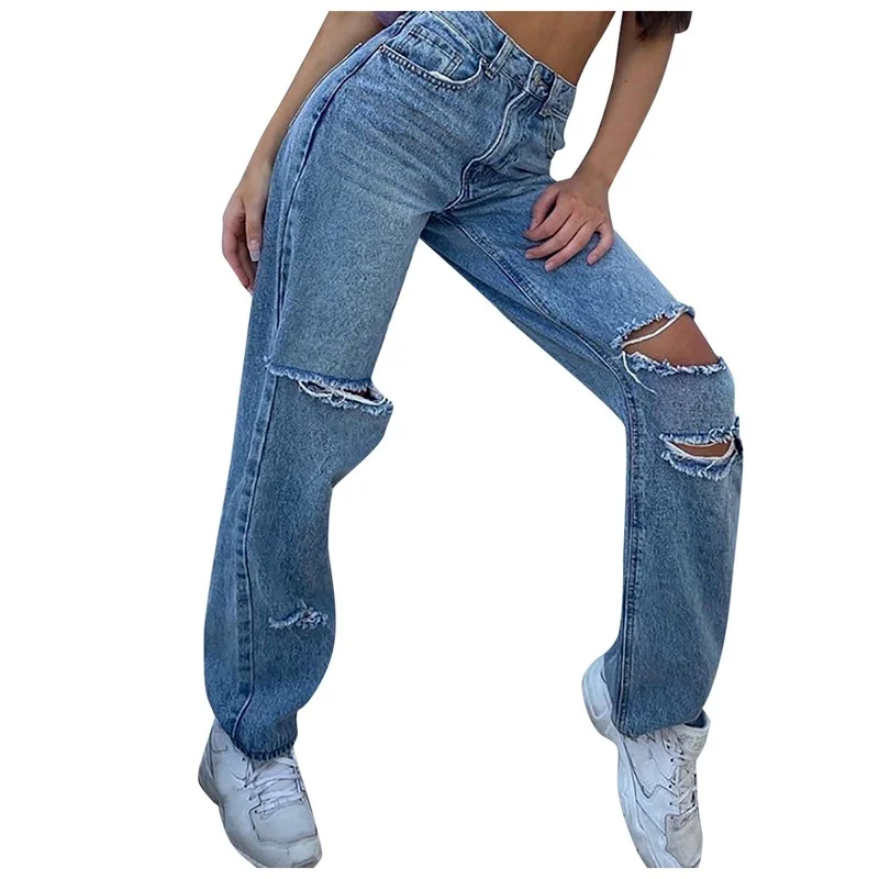 Fashion Hole Denim Trousers Loose Casual Jeans Women High Waist Wide Leg Vintage Straight Blue Pants Harajuku Light Streetwear