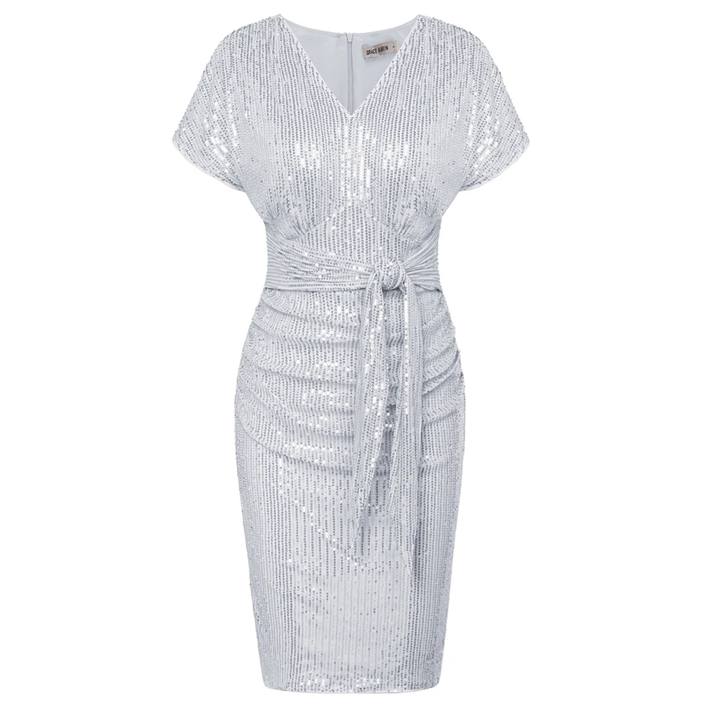 Женское облегающее платье с коротким рукавом V-образным вырезом и рюшами