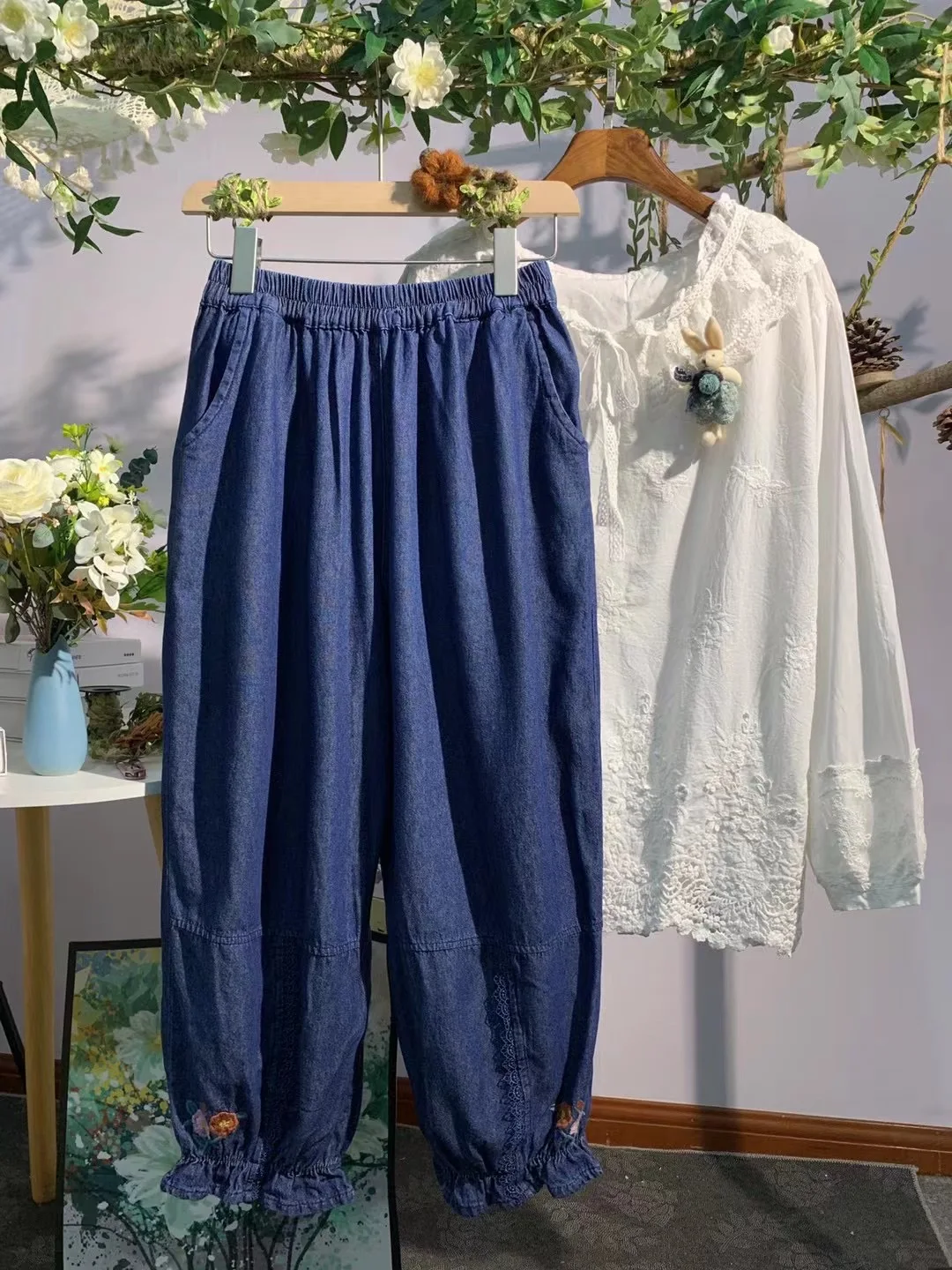 Джинсы с вышивкой Mori Girl женские винтажные свободные хлопковые брюки до щиколотки