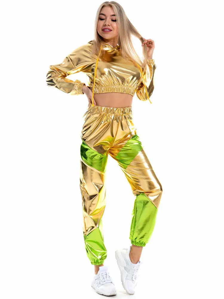 GACVGA 2024 New Shiny Long Sleeve Crop Tops Hoodies Sweatshirts And Trousers Women Stretchy Two Piece Pant Set