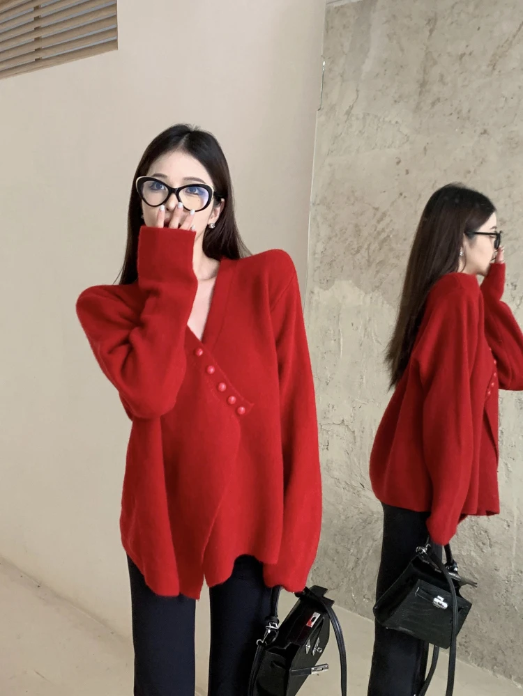 

Korobov V-neck Knitwears Female Autumn Winter Loose Cardigan Thick Irregularity Design Sweater Coat Korean Fashion Pull Femme