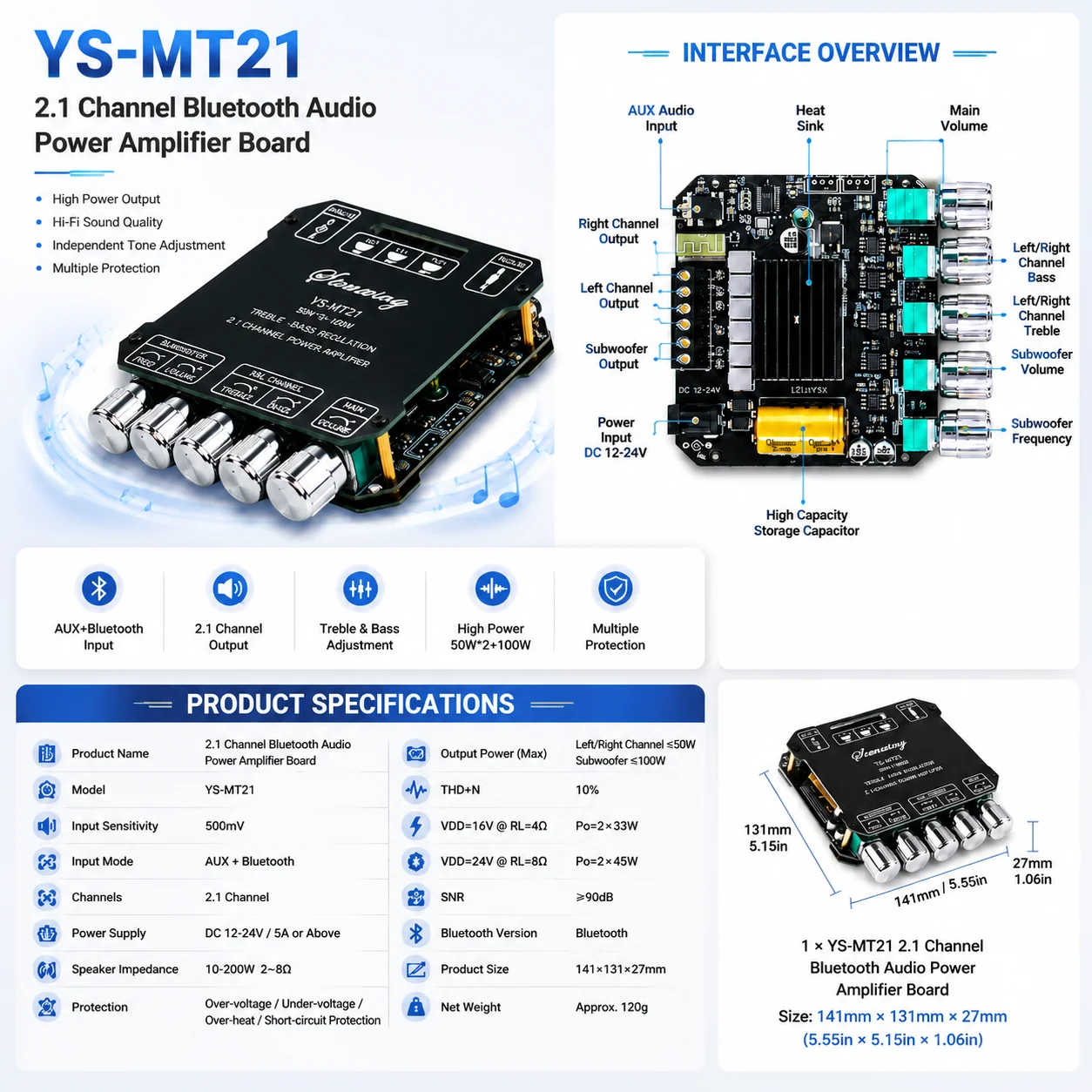 Фото Плата усилителя Bluetooth YS-MT21 2.1-канальная, 200 Вт, Hi-Fi стерео, AUX, регулировка басов и высоких частот, усилитель мощности для сабвуфера, DC 12-24В, Bluetooth 5.1 №5