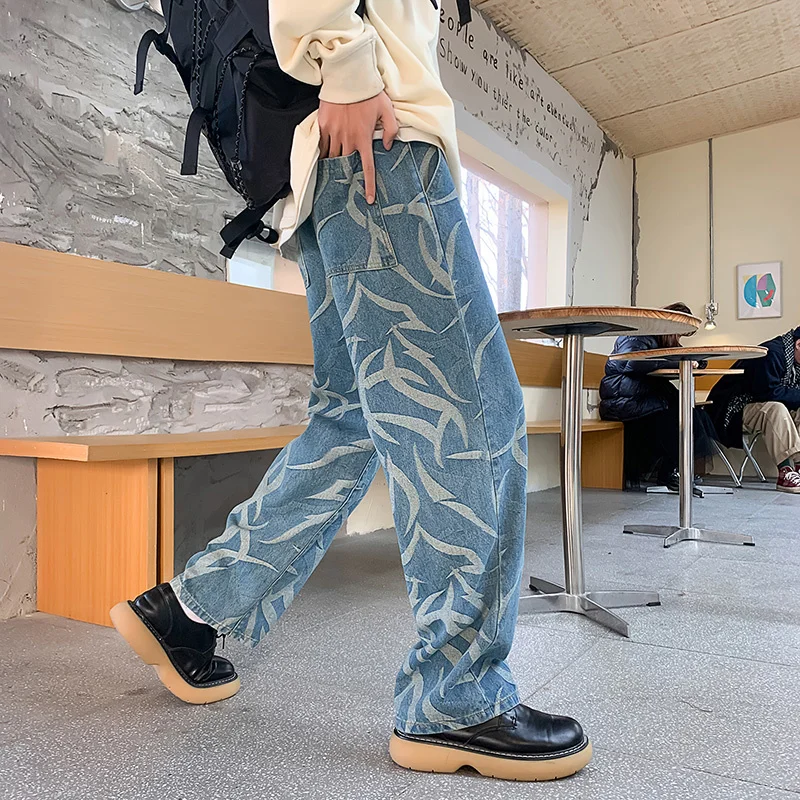 Blue/Black Baggy Jeans Men Fashion Print Casual Straight Jeans Men Streetwear Hip Hop Loose Denim Pants Mens Trousers M-3XL