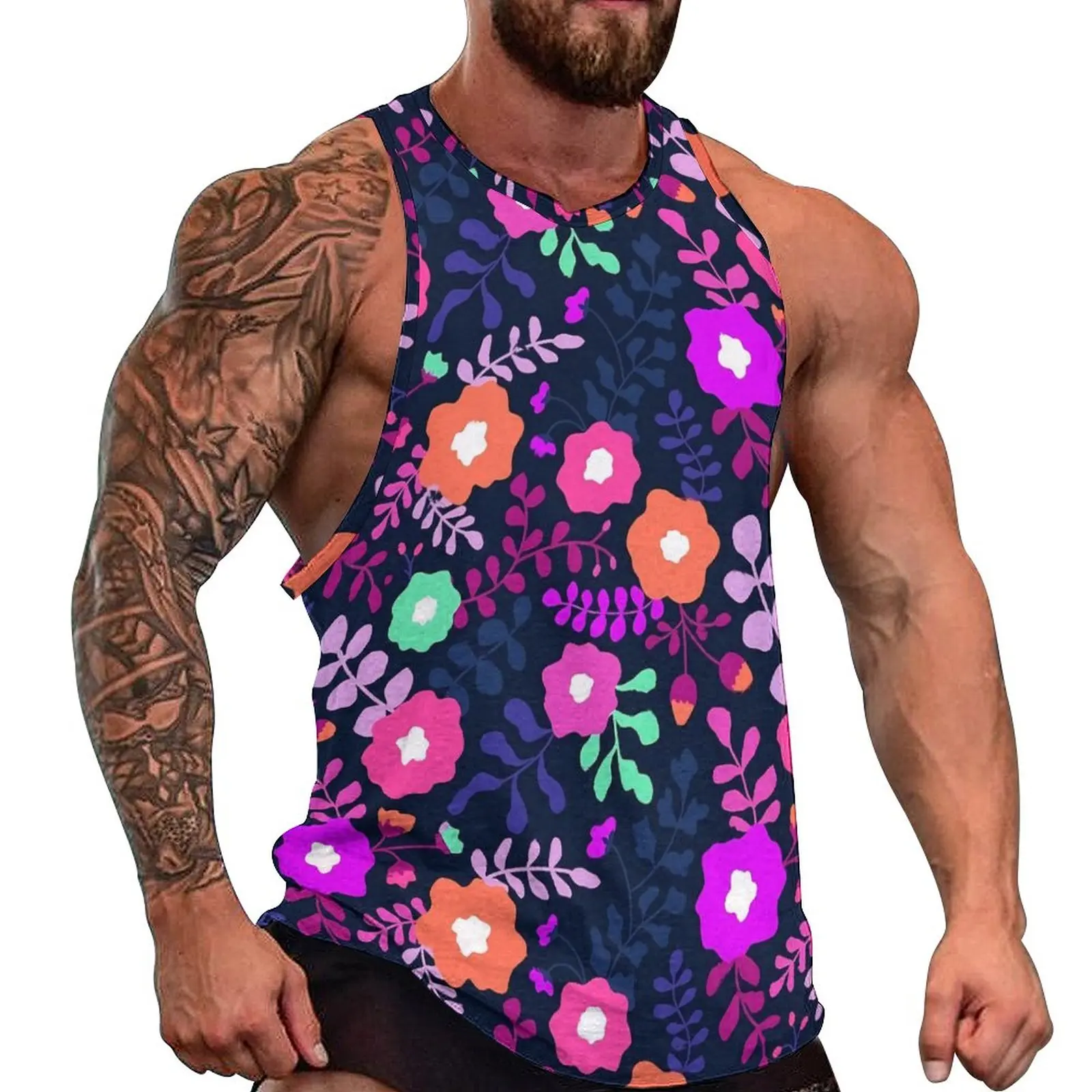 

Purple Ditsy Floral Daily Tank Top Flowers Print Gym Tops Males Custom Sportswear Sleeveless Shirts Big Size