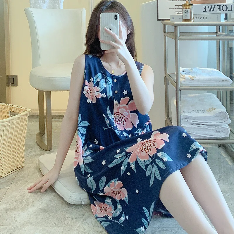 Round-neck Sleeveless Pajamas Big Size Women's Clothing Summer Nightgowns Attractive Nightwear Sleevewear Printing Loungewear