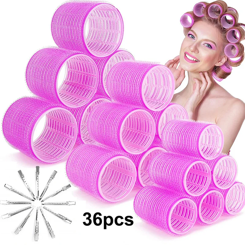 

36pcs Self Grip Hair Rollers Set with Clips Self-adhesive Hair Curlers Heatless Jumbo Hair Bangs Volume Hook & Loop Styling Tool