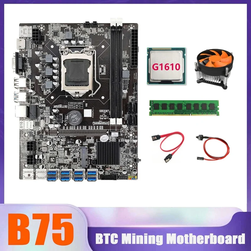 

B75 BTC Miner Motherboard 8XUSB+G1610 CPU+DDR3 4G 1333Mhz RAM+CPU Cooling Fan+Switch Cable+SATA Cable USB Motherboard
