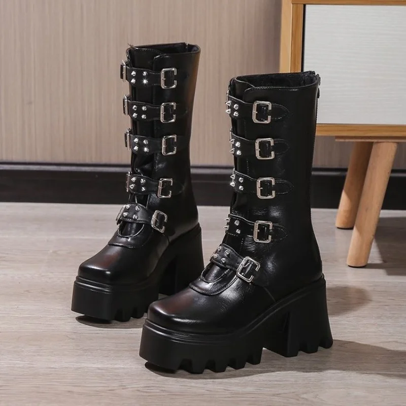 Women's Cosplay High Boots Winter Long Tube Leather Knight Boot Punk Gothic Classic Black High Heel Shoes Knee-High