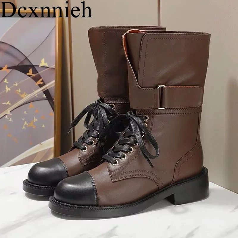 

New Women's Round Toe Genuine Leather Short Boots Lace up Color Riding Boots Autumn British Style Motorcycle Ankle Boots