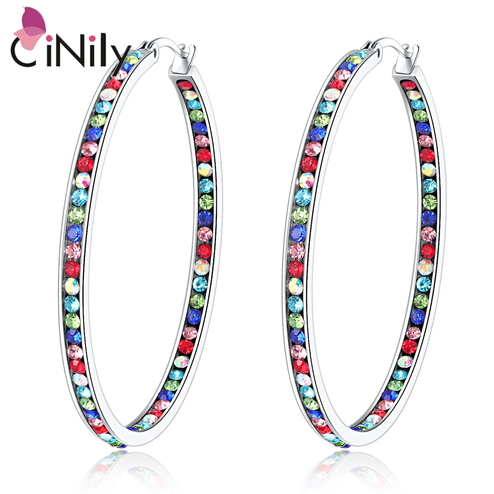 CiNily Luxury Mult-colors Crystal Stainless Steel Hoop Earrings for Women Wedding Fashion Jewelrys Big Earrings Fully-Jewelled