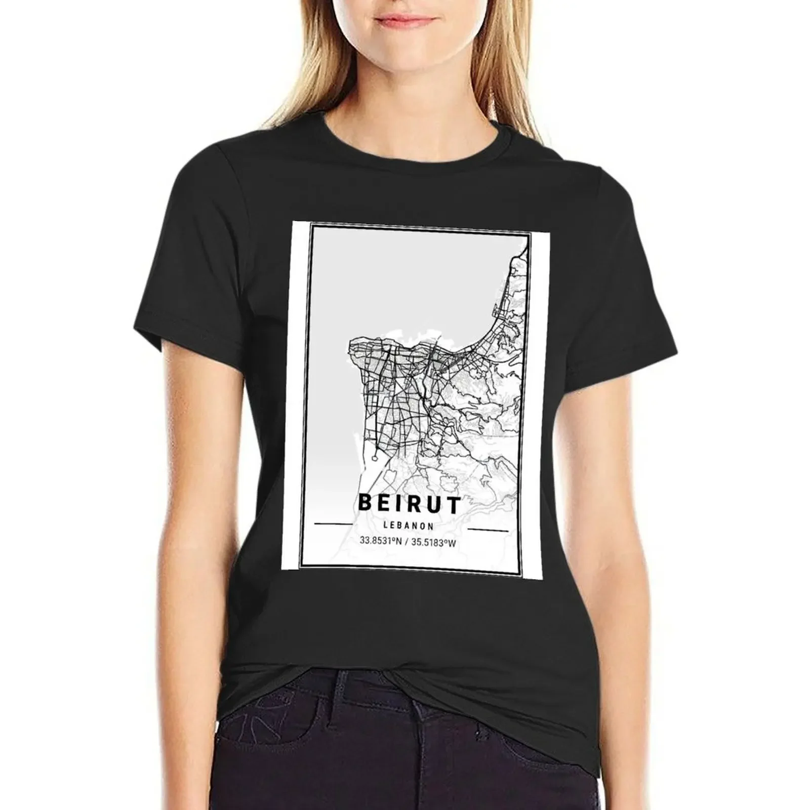 Черно-белая футболка с изображением города Бейрута Ливана кавайная одежда