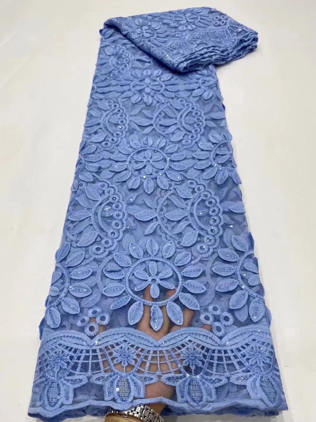 

High Quality African Lace Fabric Organza French Net Embroidery 3D Sequins Tulle Lace Fabric For Nigerian Party Dress