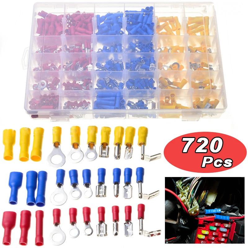 

720pcs Wire Connectors Insulated Electrical Terminals Ring Fork Spade Butt Kit Crimp Assorted Wiring Terminals With Case Car RV
