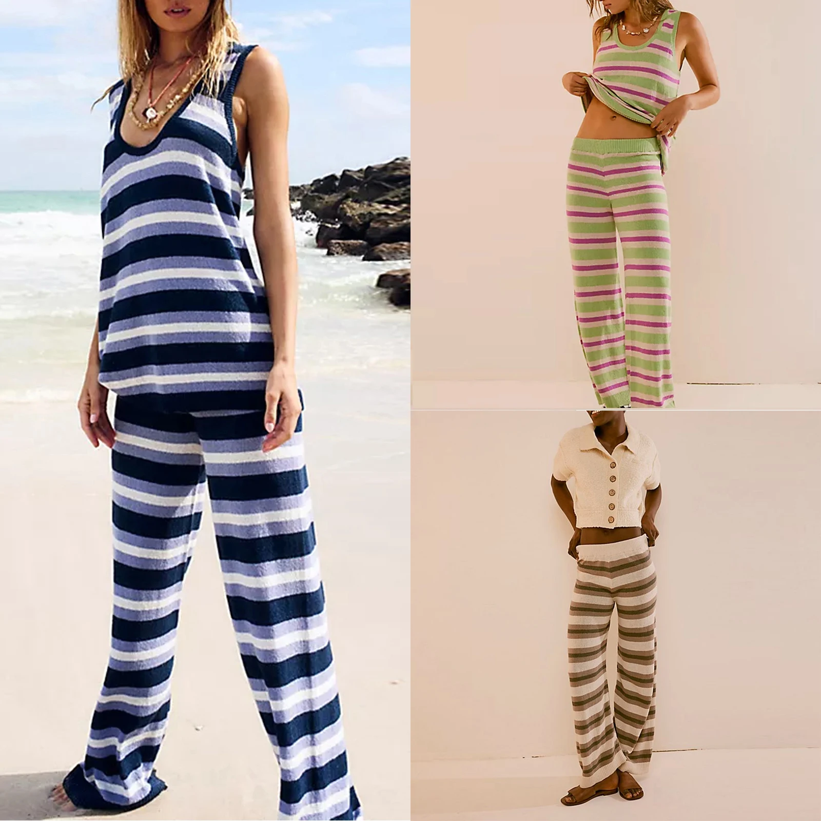 Женский комплект из 2 предметов свитер и брюки в полоску с эластичным поясом