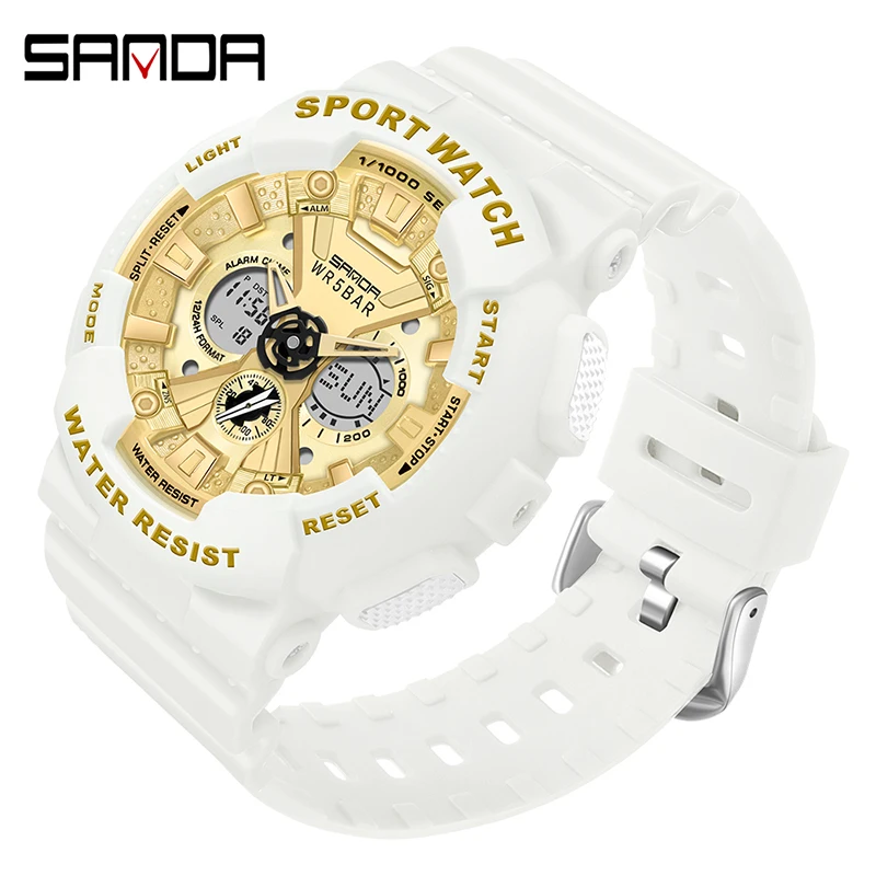 SANDA 6068 Multifunctional Electronic Womenes Watch 50M Waterproof Dual Display Luminous LED Digital Watch Fashion Women Clock